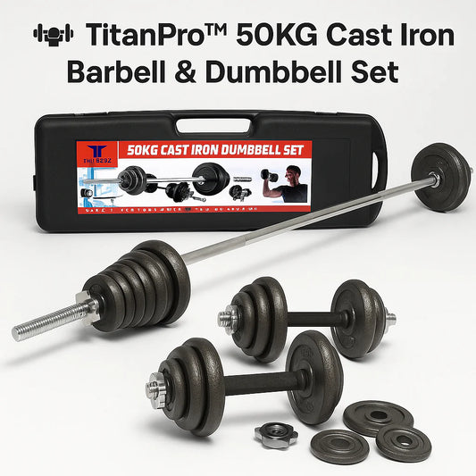 50KG Cast Iron Barbell & Dumbbell Set – Adjustable Weights + Carry Case