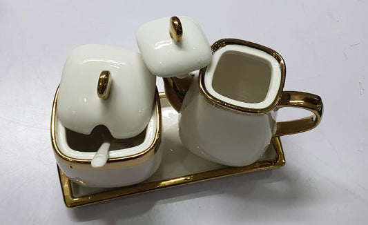 RoyalServe™ 2-in-1 Ceramic Sugar & Milk Jar Set – With Tray & Spoon (Gold Rim)