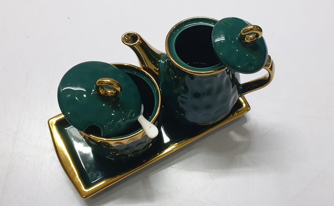 RoyalServe™ 2-in-1 Ceramic Sugar & Milk Jar Set – With Tray & Spoon (Gold Rim)