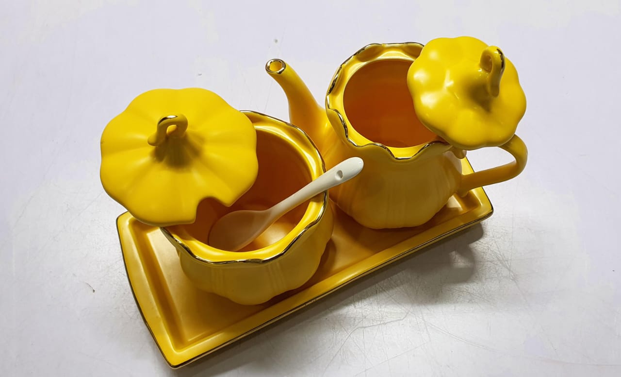 RoyalServe™ 2-in-1 Ceramic Sugar & Milk Jar Set – With Tray & Spoon (Gold Rim)