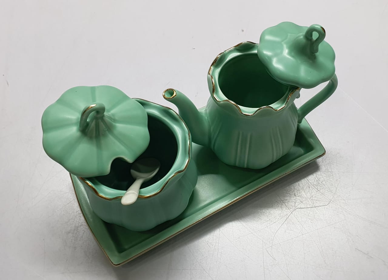 RoyalServe™ 2-in-1 Ceramic Sugar & Milk Jar Set – With Tray & Spoon (Gold Rim)