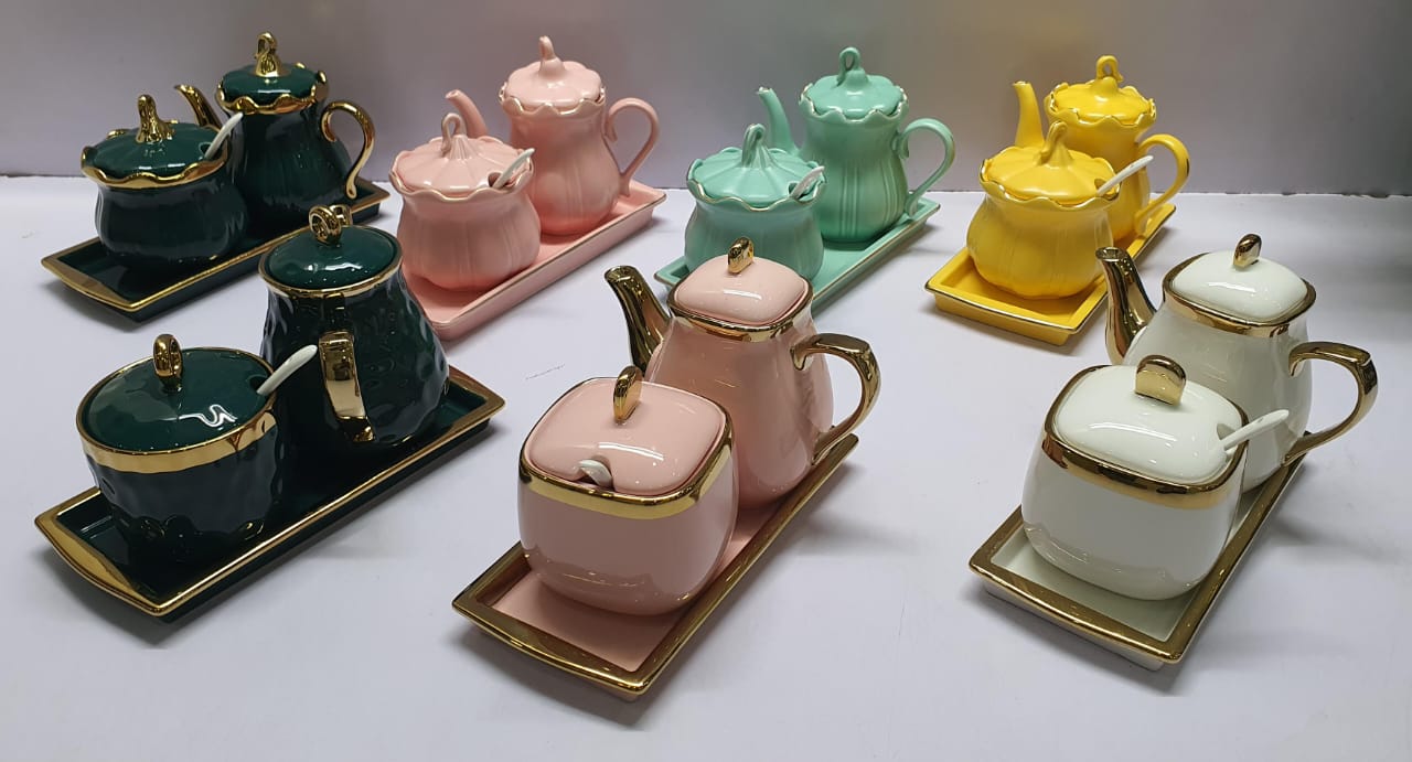 RoyalServe™ 2-in-1 Ceramic Sugar & Milk Jar Set – With Tray & Spoon (Gold Rim)