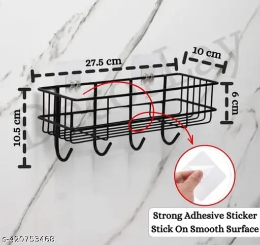 StickOn™ Wall-Mounted Storage Basket – With Hooks & Strong Adhesive